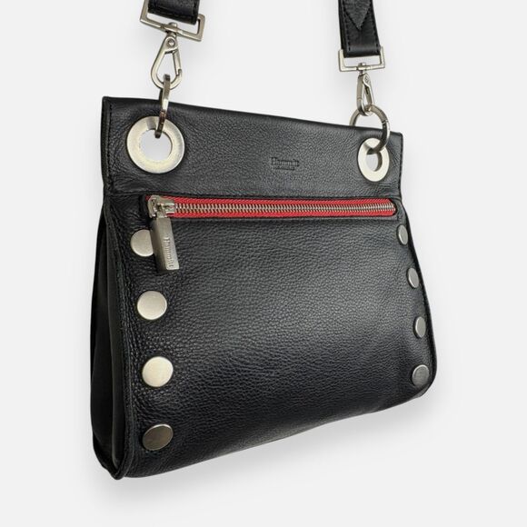 Hammitt Handbags - Hammitt Tony Small Black Leather **Red Zip** Crossbody | Brushed Silver